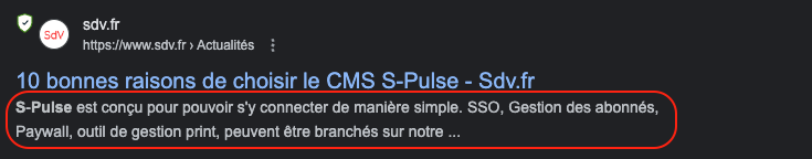 Affichage de la meta description d'une page web sur la SERP de Google