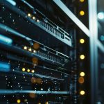 Row of server racks in a data center with blue lighting and yellow indicator LEDs