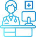 Blue line drawing of a doctor seated at a desk with a computer monitor and a small screen showing a medical cross on the right side.