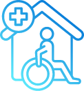 Home healthcare accessibility icon showing a person in a wheelchair under a roof with a medical cross