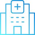 Blue hospital building icon with a cross on the front façade, outline style.