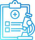 Clipboard with a document and a microscope icon, representing medical testing or lab research.