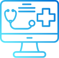 Computer monitor displaying telemedicine concept with a stethoscope icon and medical cross.
