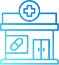 Line drawing of a health clinic storefront with a cross on the roof, in blue lines.
